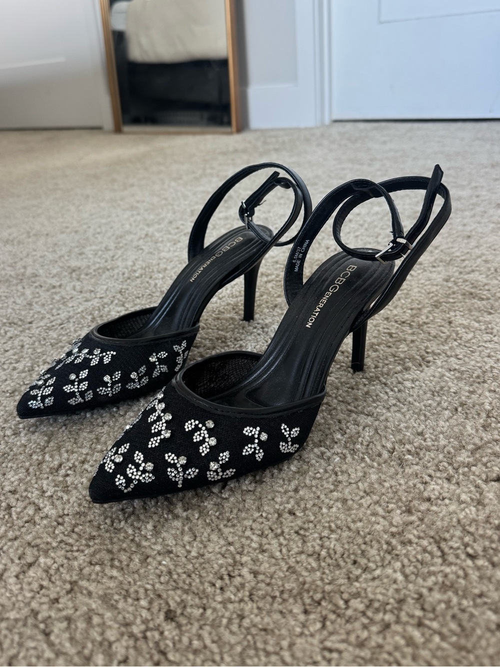 BCBG Black Pointed Toe Heels with Crystal Accents